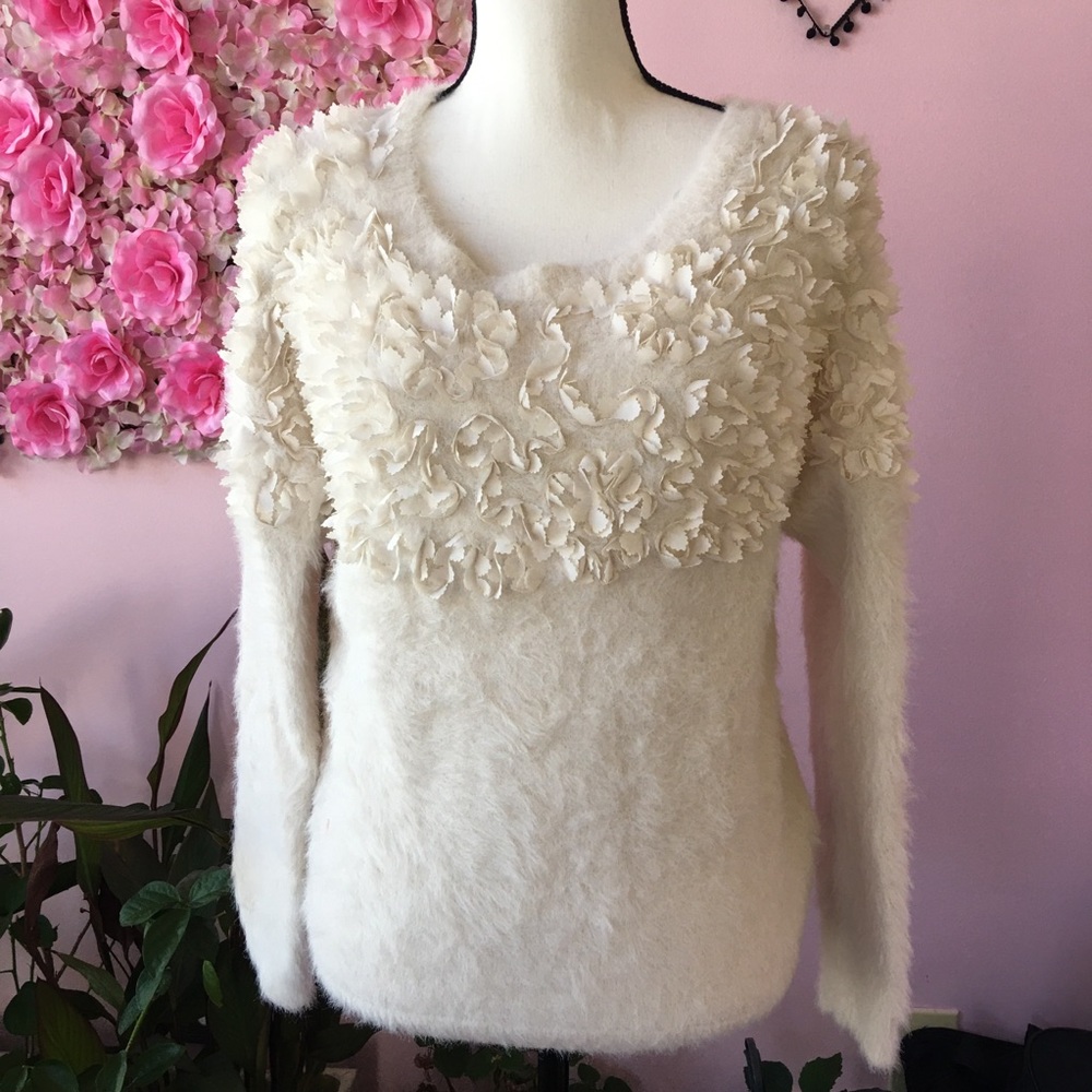 Cece 3d Flower rosette petal neckline white beige eyelash furry Fuzzy sweater